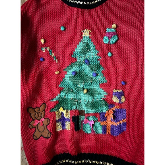 Womens 18W Red Acrylic Hand Knit Christmas Tree Teddy Bear Gift Ugly Sweater - Picture 1 of 5